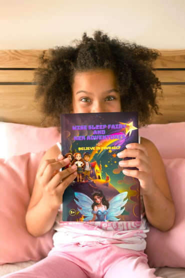 wise sleep fairy and her adventures, children book series,a girl holding a book